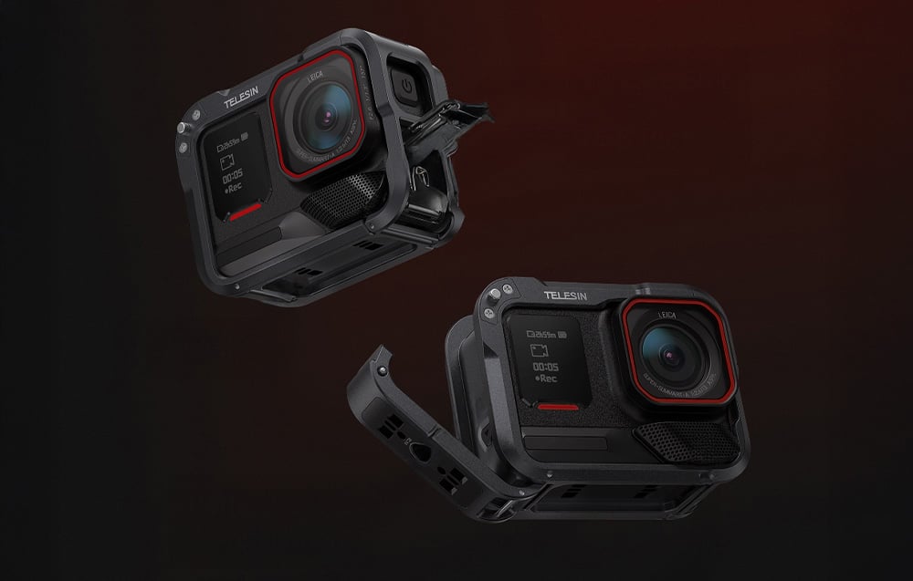 Δύο κάμερες Insta360 σε μαύρο περίβλημα αλουμινίου Telesin σε σκούρο φόντο