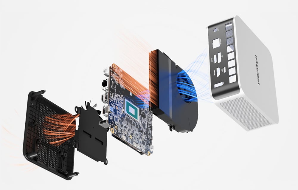 Κατασκευή του MINI PC Minis Forum με ορατό το σύστημα ψύξης