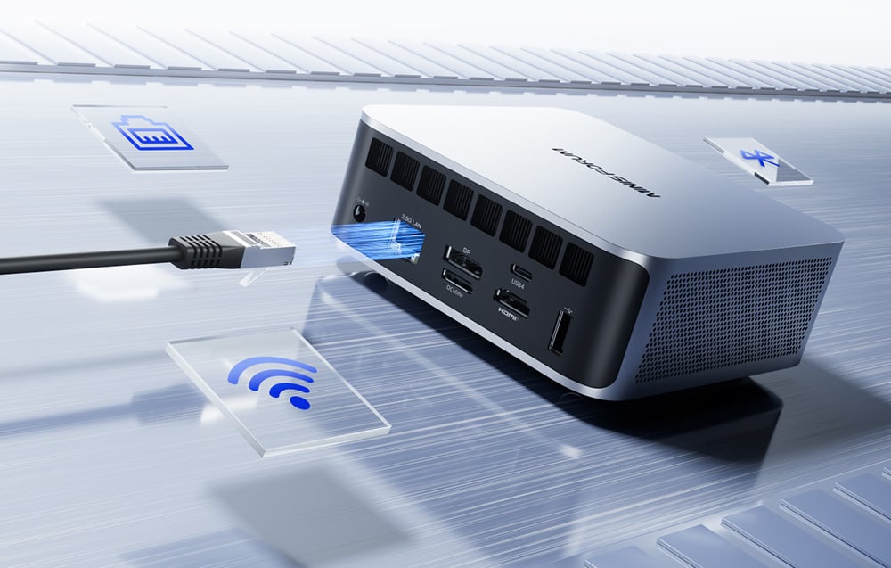 Το MINI PC βρίσκεται πάνω σε ένα γκρι τραπέζι με συνδεδεμένο καλώδιο Ethernet