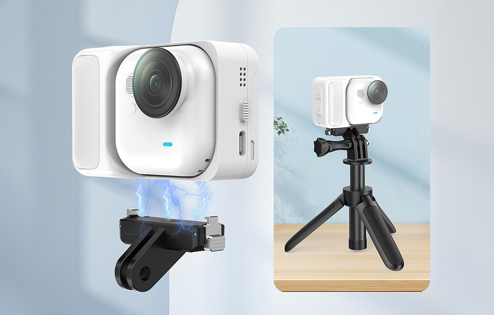 Κάμερα Insta360 που αιωρείται πάνω από τον προσαρμογέα Puluz με εφέ μαγνητικής σύνδεσης, δίπλα στην έκδοση με τρίποδο