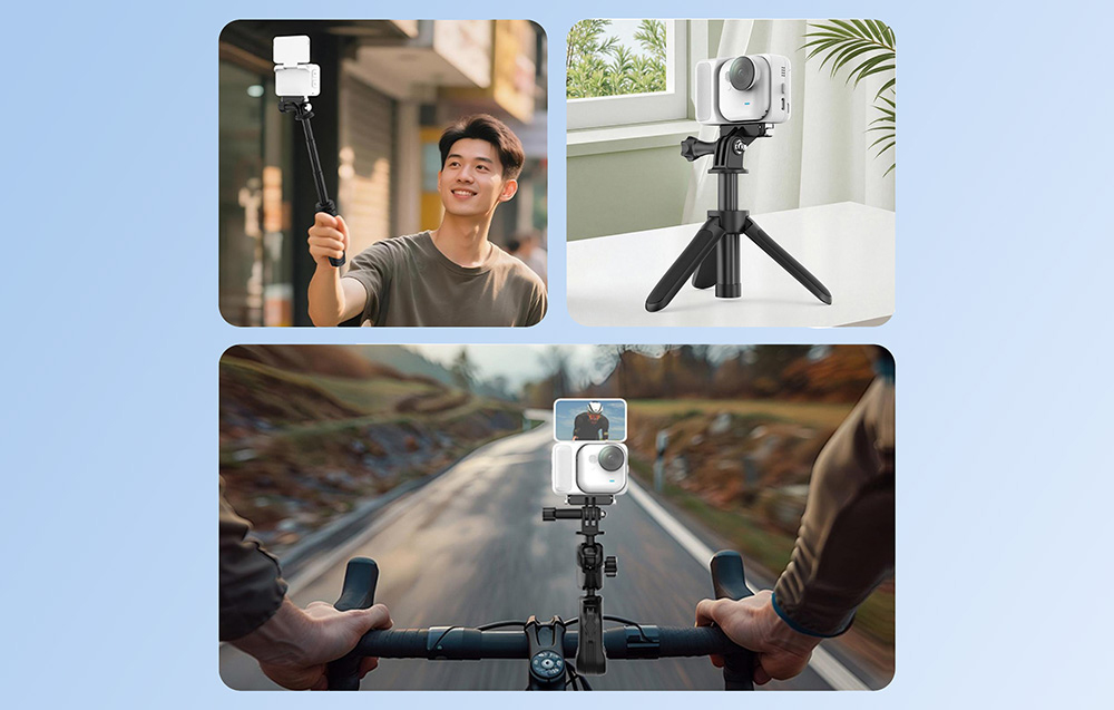 Κάμερα Insta360 σε μαγνητικό προσαρμογέα Puluz που χρησιμοποιείται σε selfie stick, τρίποδο και ποδήλατο