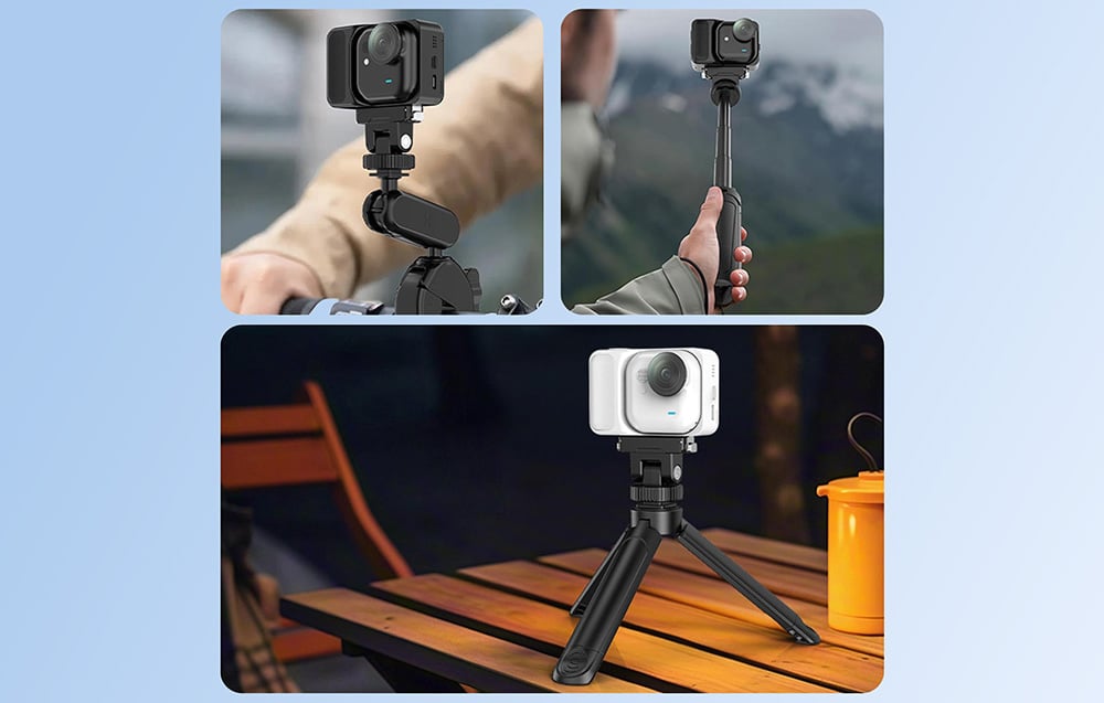 Κάμερα Insta360 με προσαρμογέα Puluz χρησιμοποιούμενη σε τιμόνι, selfie stick και τρίποδο σε τραπέζι