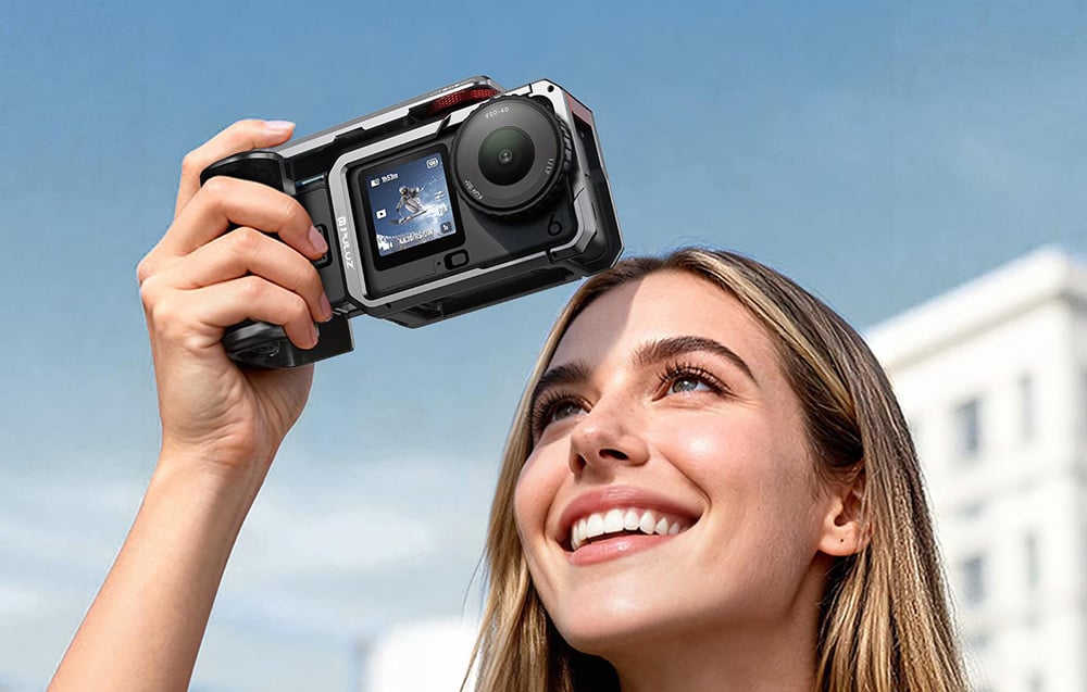 Μια γυναίκα κρατάει μια κάμερα DJI σε ένα κλουβί τιτανίου Puluz, στρέφοντάς την προς τα πάνω