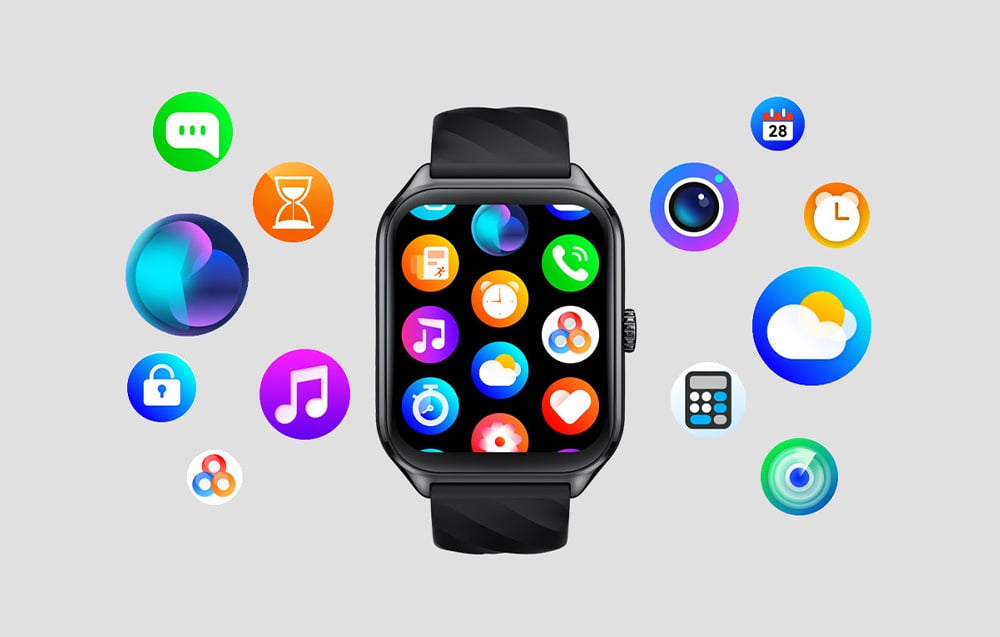 Ένα μαύρο smartwatch Zeblaze που εμφανίζει διάφορα εικονίδια εφαρμογών και λειτουργιών, με άλλα εικονίδια λειτουργιών γύρω του