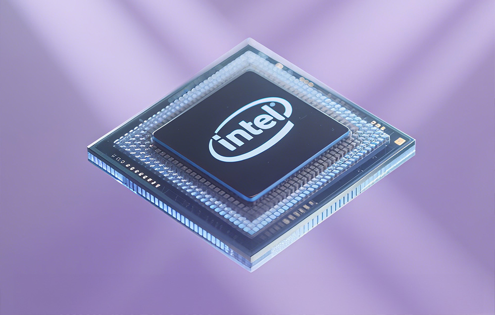 Ένας επεξεργαστής υπολογιστή Intel με μπλε φωτισμό που αιωρείται σε μοβ φόντο.