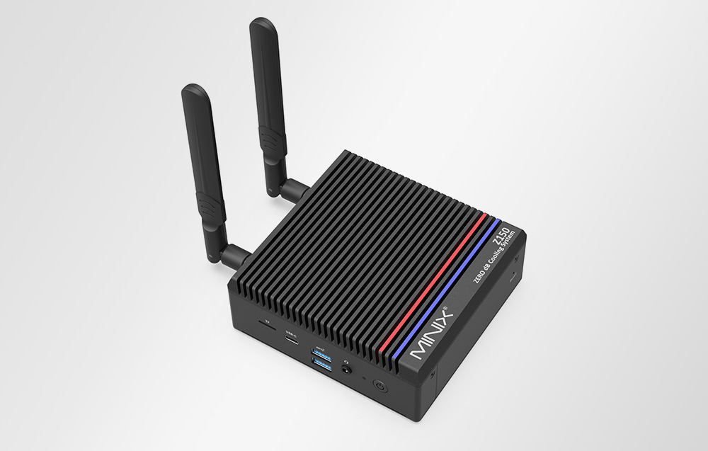 Άνω όψη του μαύρου Mini PC Minix σε λευκό φόντο.