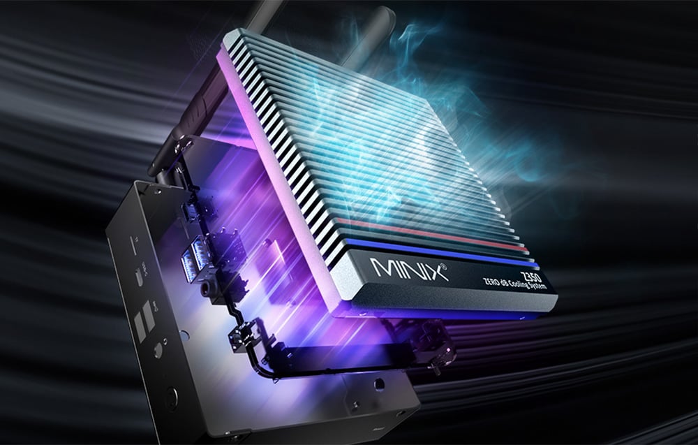 Διάγραμμα που δείχνει την κατασκευή του mini PC Minix, με την ικανότητα της θήκης να αποβάλλει τη θερμότητα.