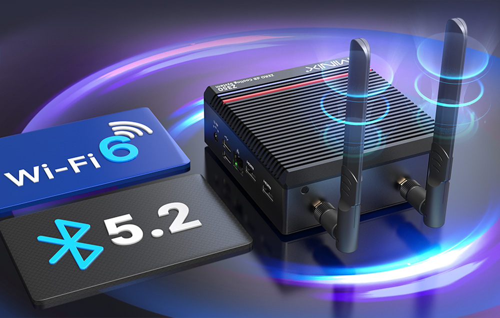 Το Mini PC Minix όρθιο με την πλάτη του με απομίμηση κυμάτων επικοινωνίας που περνούν πάνω από τις κεραίες. Δίπλα του τα σύμβολα για WI-FI 6 και Bluetooth 5.2.