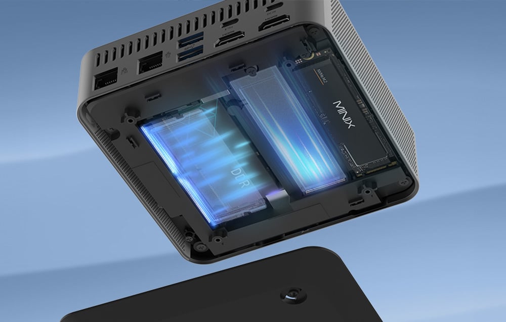 Το κάτω μέρος του Mini PC Minix με ένα σχηματικό διάγραμμα του συστήματος ψύξης στο περίβλημα.