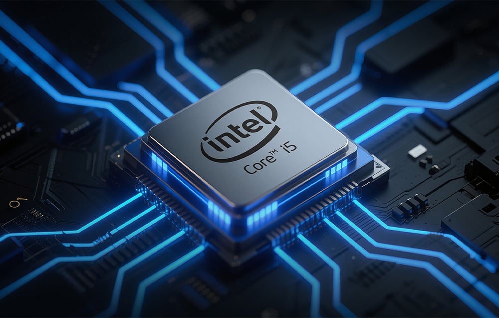 Ένας επεξεργαστής υπολογιστή Intel Core I5 συνδεδεμένος στη μητρική πλακέτα, με φωτιζόμενα καλώδια.