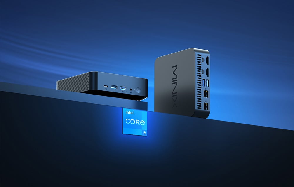 Δύο υπολογιστές Minix Mini που στέκονται σε ύψωμα, ο ένας τοποθετημένος κάθετα και ο άλλος οριζόντια. Δίπλα τους μια πλάκα με επιγραφή Intel Core.