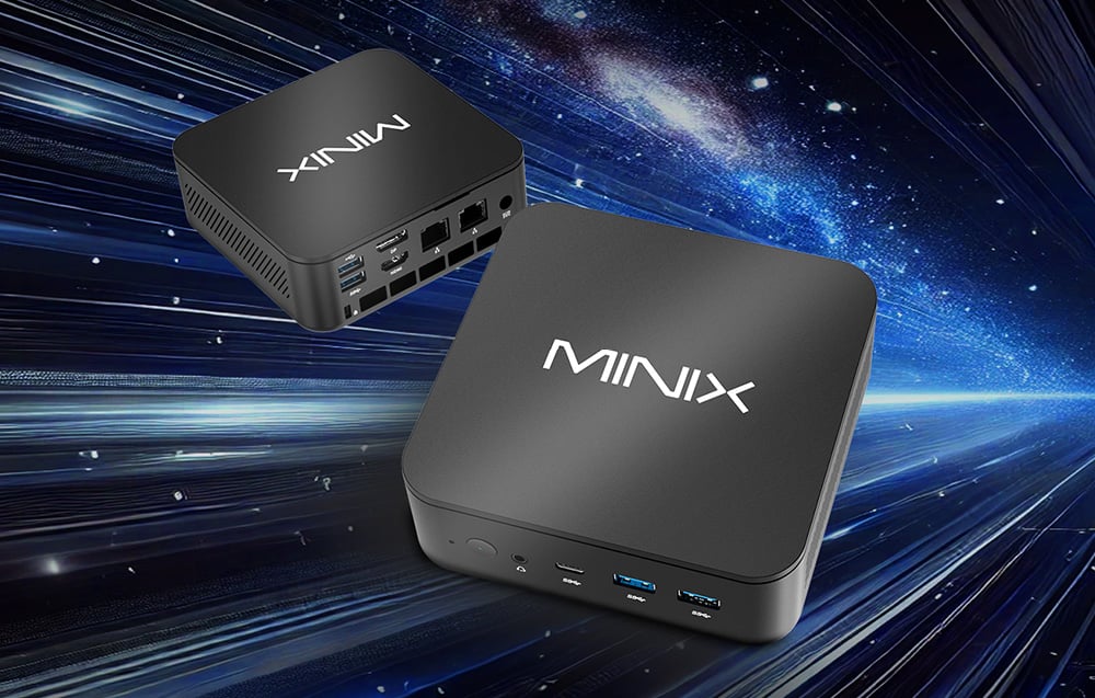Δύο Minix NR660 Mini PC που πετούν στο φόντο του διαστήματος.