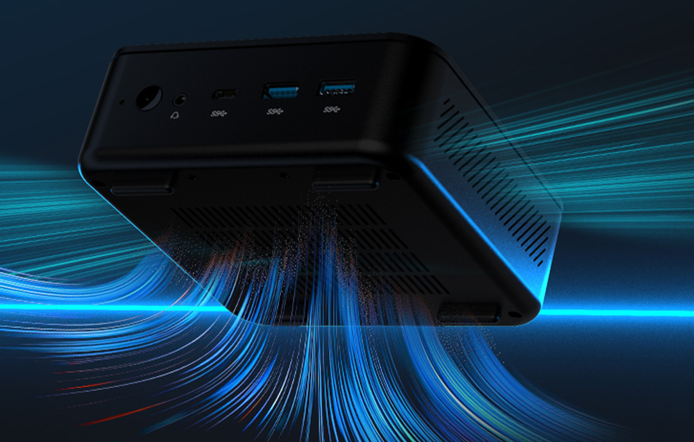 Το Mini PC Minix NR660 φαίνεται από κάτω με τη συμβολική σήμανση, την εξάπλωση της θερμοκρασίας.