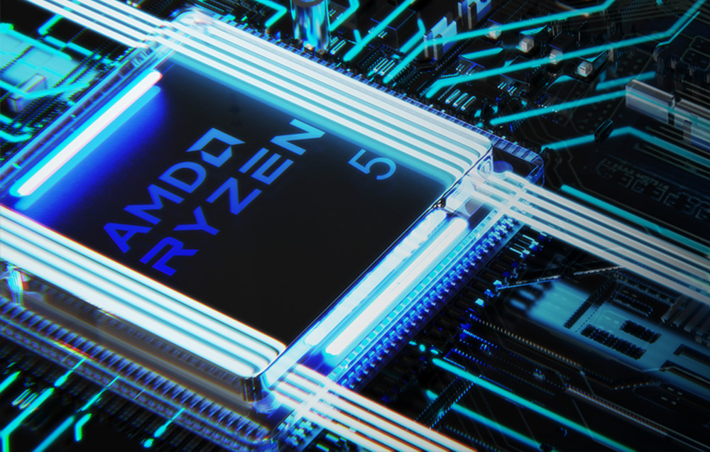 Επεξεργαστής υπολογιστή AMD Ryzen 5 συνδεδεμένος στη μητρική πλακέτα, με οπίσθιο φωτισμό.