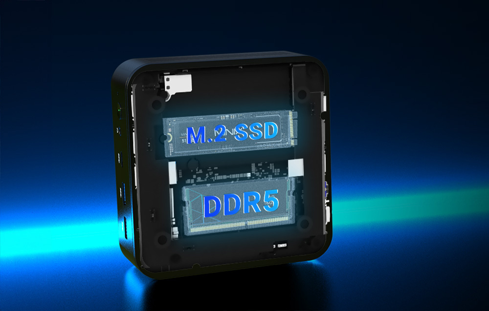 Το εσωτερικό του Mini PC Minix NR660 με τον SSD M.2 και την DDR5 να επισημαίνονται.
