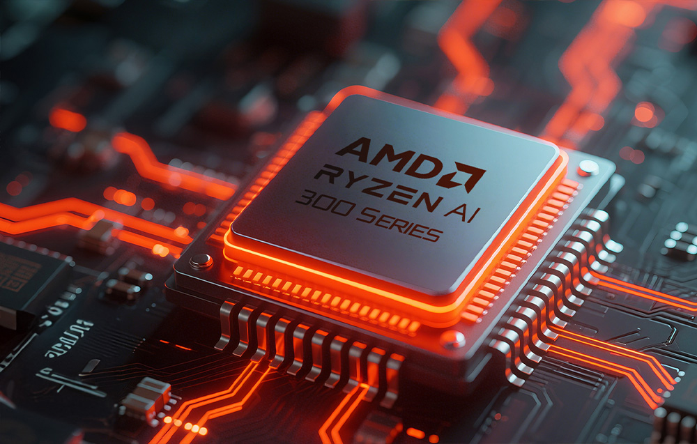 Επεξεργαστής AMD Ryzen AI 300 Series τοποθετημένος στη μητρική πλακέτα, περιτριγυρισμένος από λαμπερές διαδρομές κυκλωμάτων.