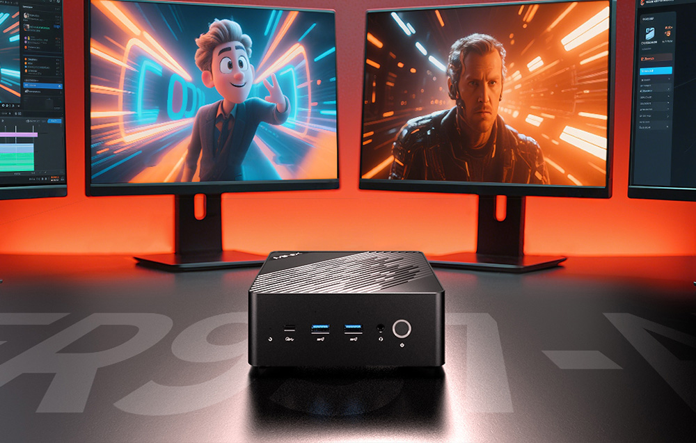 Minix mini PC τοποθετημένο σε ένα γραφείο μπροστά από τρεις οθόνες που προβάλλουν κινούμενα σχέδια και σκηνές επιστημονικής φαντασίας.
