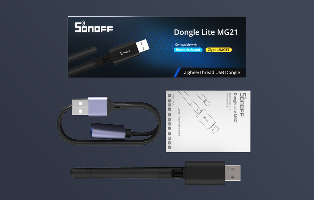 Κιτ Sonoff Dongle Lite MG21 που περιλαμβάνει συσκευασία, οδηγίες, καλώδιο USB και προσαρμογέα με κεραία