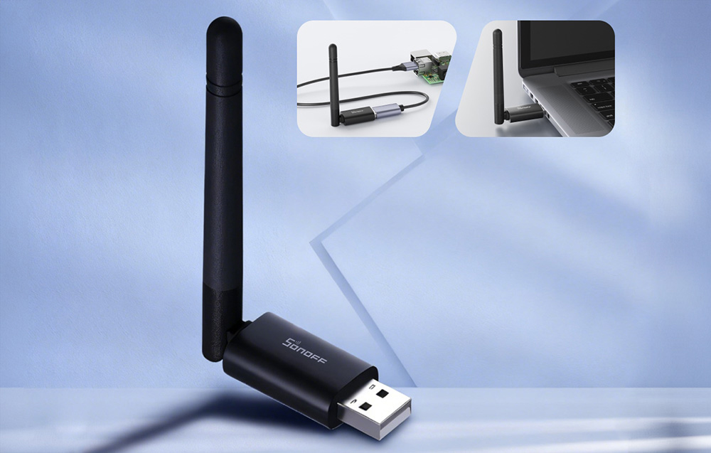Προσαρμογέας USB Sonoff με κεραία, με πρόσθετες μικρογραφίες που δείχνουν τη σύνδεση με το Raspberry Pi και τον φορητό υπολογιστή