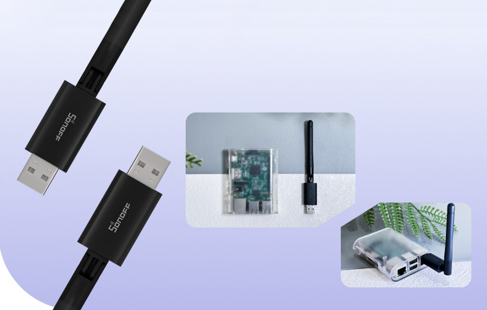 Κοντινό πλάνο των προσαρμογέων USB μάρκας Sonoff και φωτογραφίες που δείχνουν τη χρήση τους με την πλακέτα και τον υπολογιστή