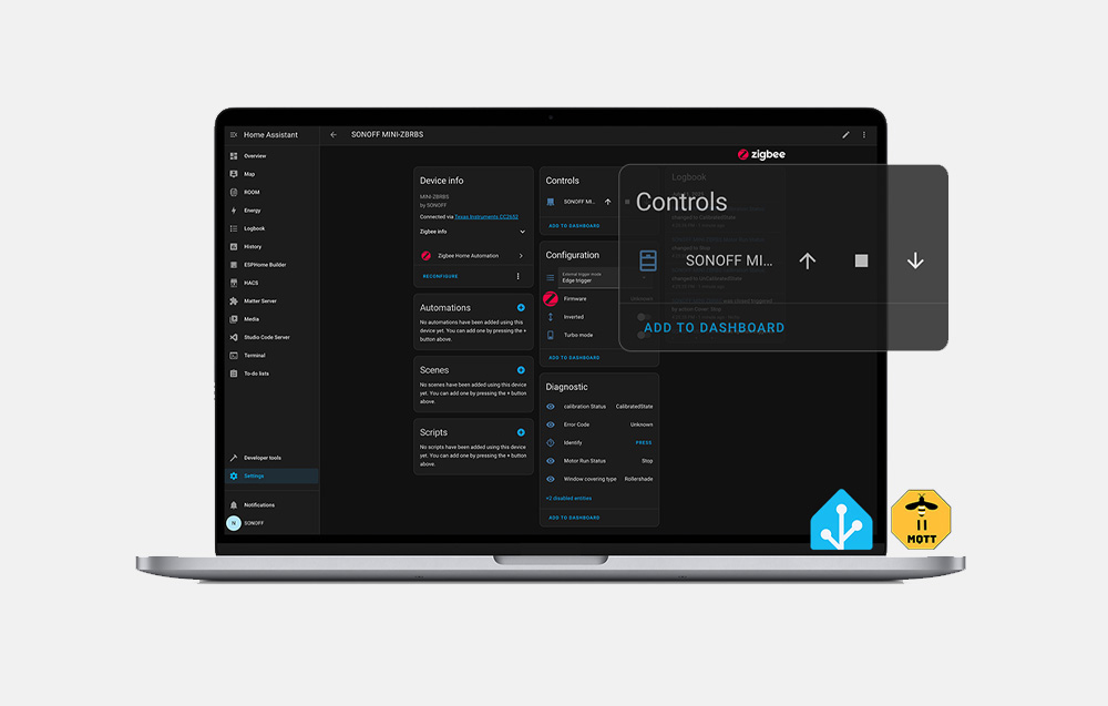 Φορητός υπολογιστής με διεπαφή Home Assistant που δείχνει τη διαμόρφωση της συσκευής SONOFF MINI-ZBRBS και του πίνακα ελέγχου