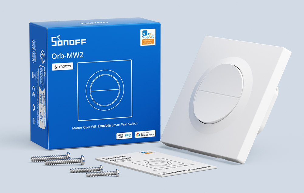Μπλε συσκευασία SONOFF Orb-MW2 δίπλα στο διακόπτη Matter δύο καναλιών, βίδες τοποθέτησης και εγχειρίδια χρήσης