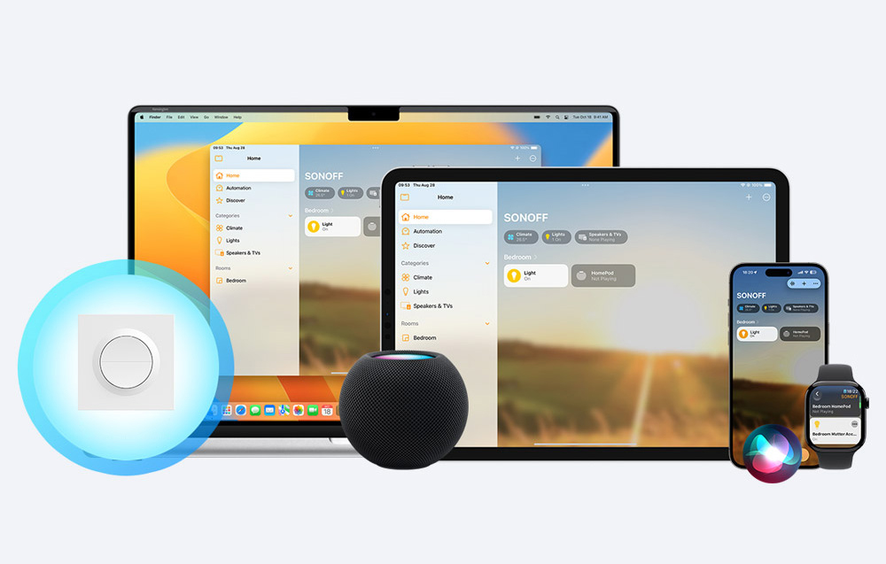 Οικοσύστημα SONOFF Matter με όλες τις συσκευές της Apple - MacBook, iPad, iPhone, Apple Watch και HomePod με εφαρμογή ελέγχου
