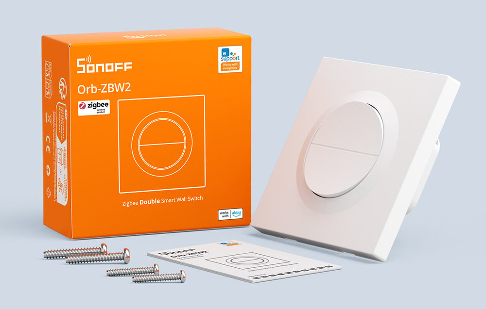 Πορτοκαλί συσκευασία SONOFF Orb-ZBW2 με διακόπτη Zigbee δύο καναλιών, βίδες τοποθέτησης και οδηγίες χρήσης
