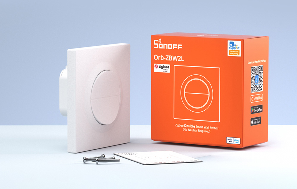 Λευκός διακόπτης τοίχου δύο καναλιών SONOFF Orb-ZBW2L με κουτί, βίδες στερέωσης και οδηγίες χρήσης σε μπλε φόντο