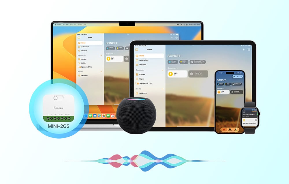 Διακόπτης MINI-2GS συμβατός με το Apple Home, που εμφανίζεται στις οθόνες Mac, iPad, iPhone και Apple Watch, μαζί με το ηχείο HomePod