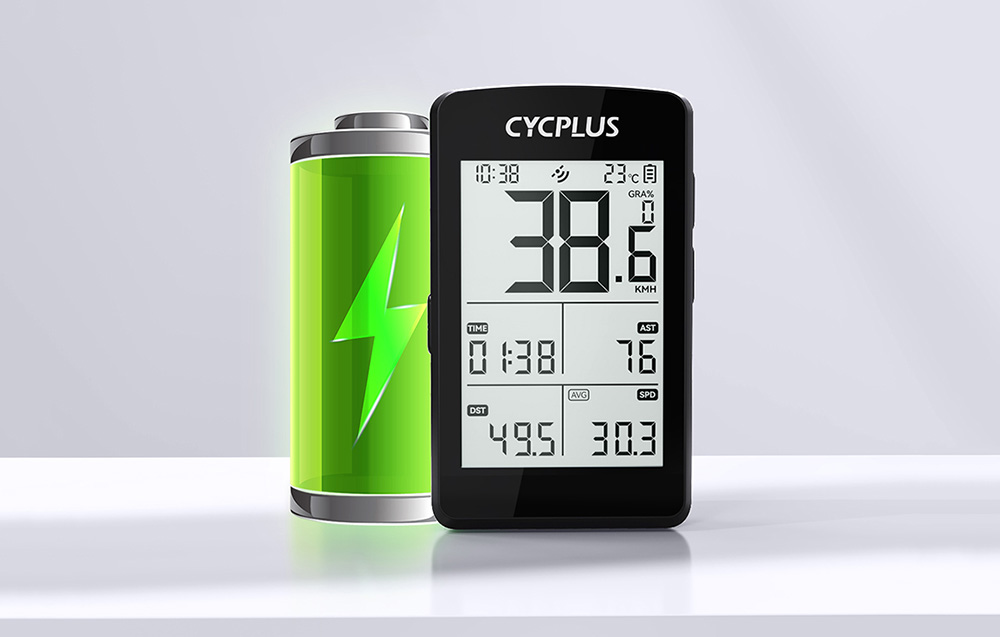 Υπολογιστής Cycplus M3 δίπλα σε γραφική μπαταρία με σύμβολο κεραυνού σε γκρι φόντο