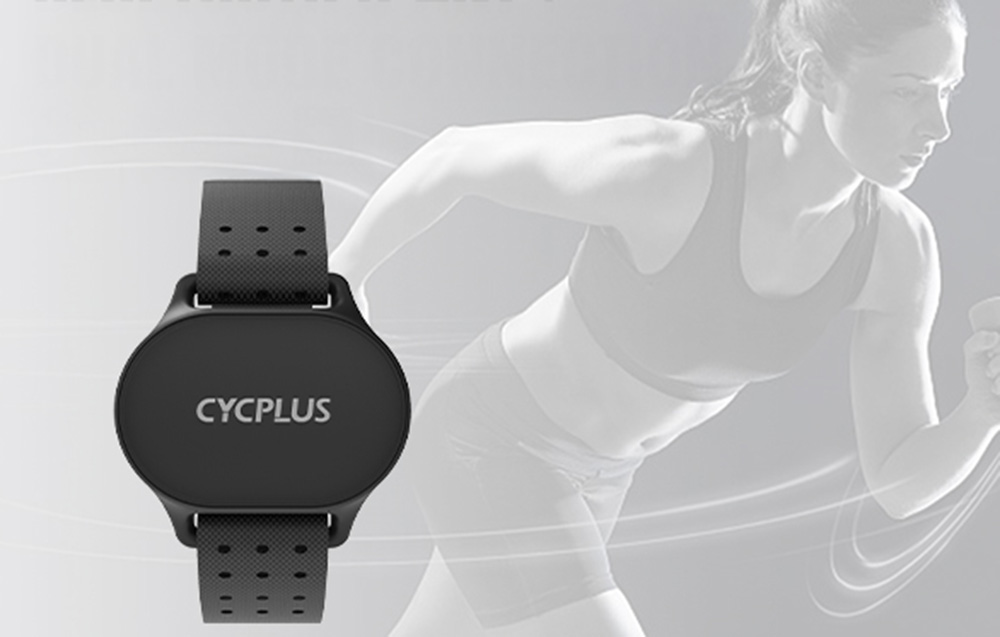 Μαύρο περιβραχιόνιο Cycplus H1 με αισθητήρα καρδιακών παλμών σε φόντο μιας γυναίκας που τρέχει σε μαύρο και άσπρο χρώμα