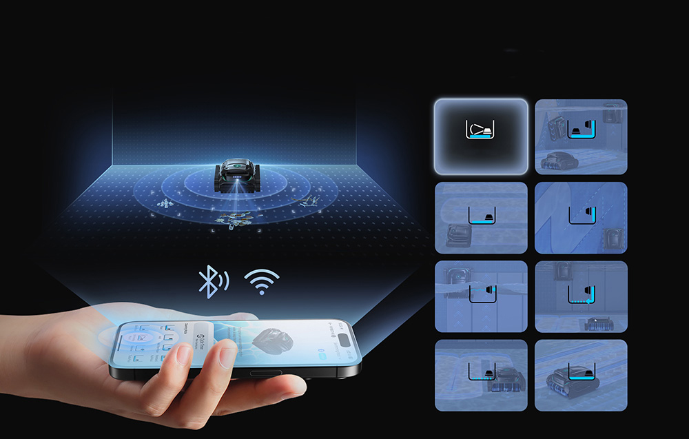 Smartphone που ελέγχει το ρομπότ Wybot M2 μέσω Bluetooth με εικονίδια λειτουργίας