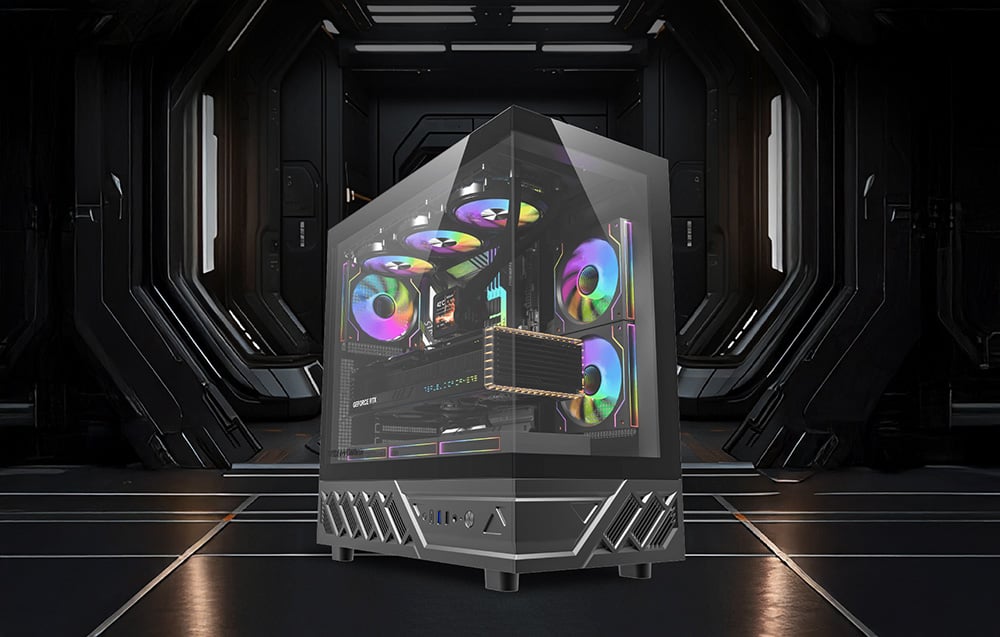 Μαύρο περίβλημα PC με ανεμιστήρες RGB σε ένα φουτουριστικό σκοτεινό διάδρομο