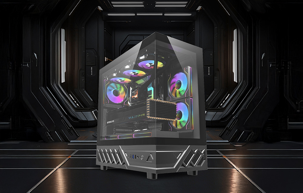 Μαύρο περίβλημα PC με ανεμιστήρες RGB σε ένα φουτουριστικό σκοτεινό διάδρομο