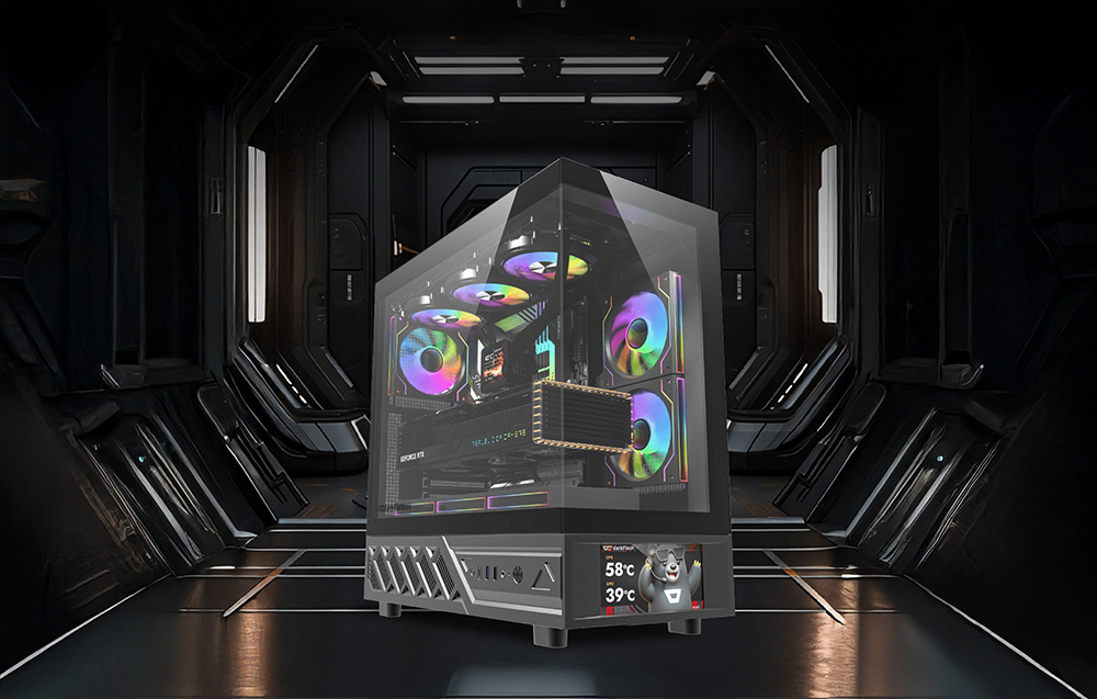 Μαύρο περίβλημα υπολογιστή με φωτισμό RGB και ένδειξη θερμοκρασίας σε φουτουριστικό εσωτερικό