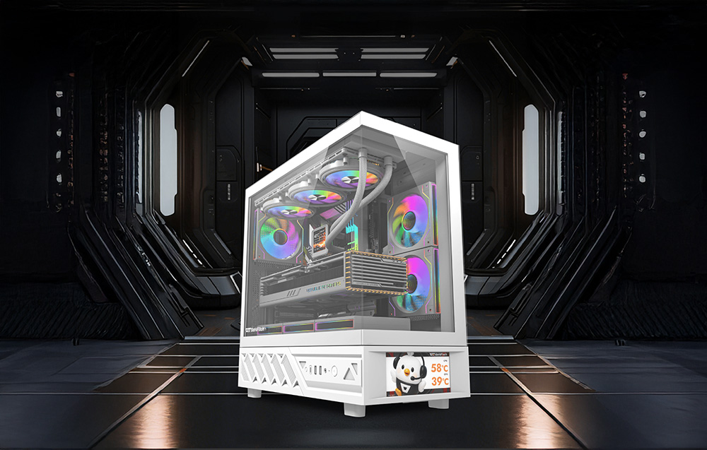 Λευκός σκελετός υπολογιστή με φωτισμό RGB και ένδειξη θερμοκρασίας σε φουτουριστικό εσωτερικό