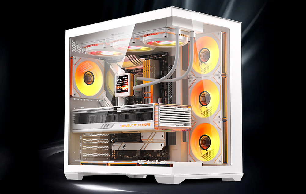 Λευκός σκελετός υπολογιστή DarkFlash C280 με γυάλινο πλαϊνό πάνελ και πορτοκαλί ανεμιστήρες RGB