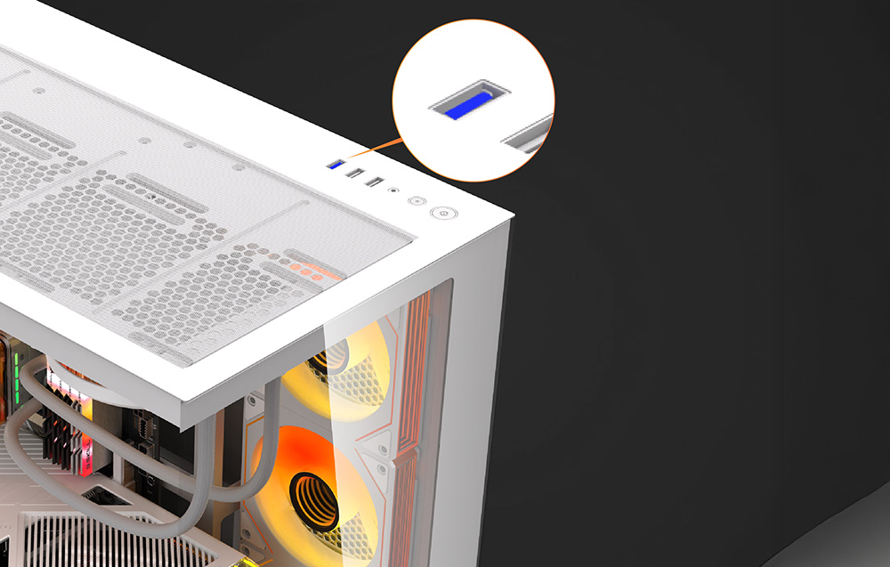 Επάνω πάνελ του λευκού σκελετού DarkFlash με θύρες USB και κουμπιά ελέγχου