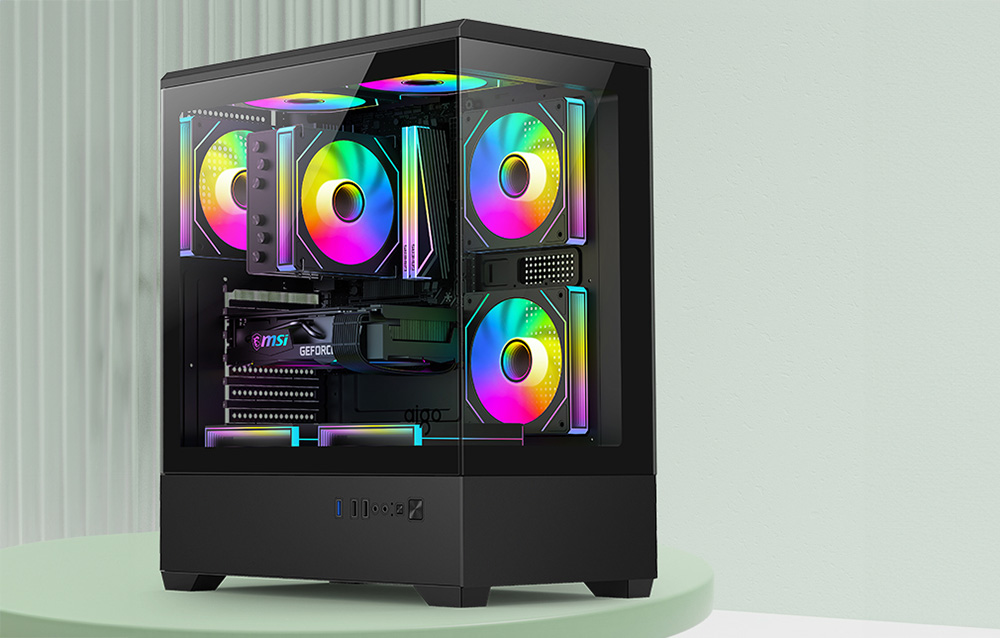 Μαύρο περίβλημα υπολογιστή με ανεμιστήρες RGB σε πράσινο περιβάλλον