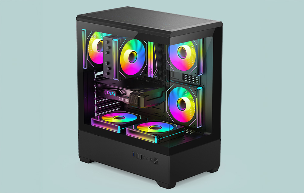 Μαύρο περίβλημα υπολογιστή με ανεμιστήρες RGB με οπίσθιο φωτισμό σε ανοιχτόχρωμο φόντο