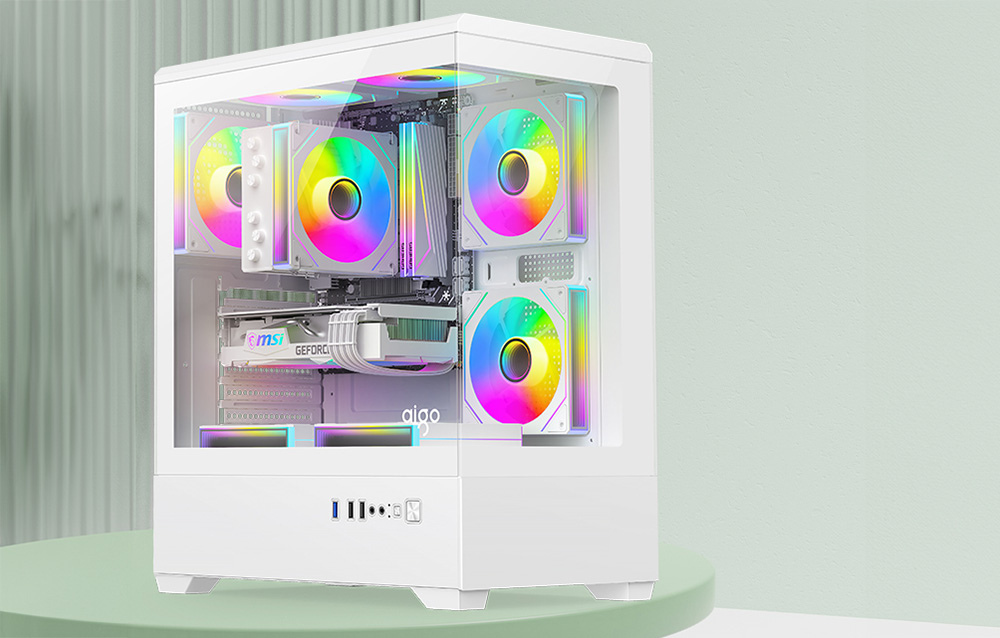 Λευκός σκελετός υπολογιστή με ανεμιστήρες RGB σε πράσινο περιβάλλον