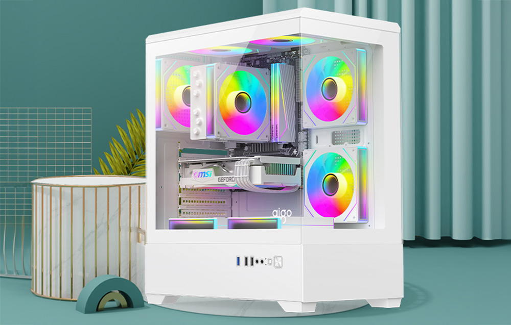 Λευκός σκελετός υπολογιστή με ανεμιστήρες RGB σε γαλαζοπράσινο περιβάλλον