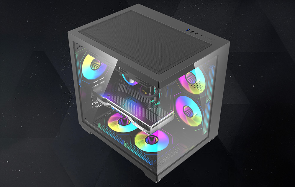 Μαύρο περίβλημα υπολογιστή με ανεμιστήρες RGB από πάνω σε σκούρο φόντο