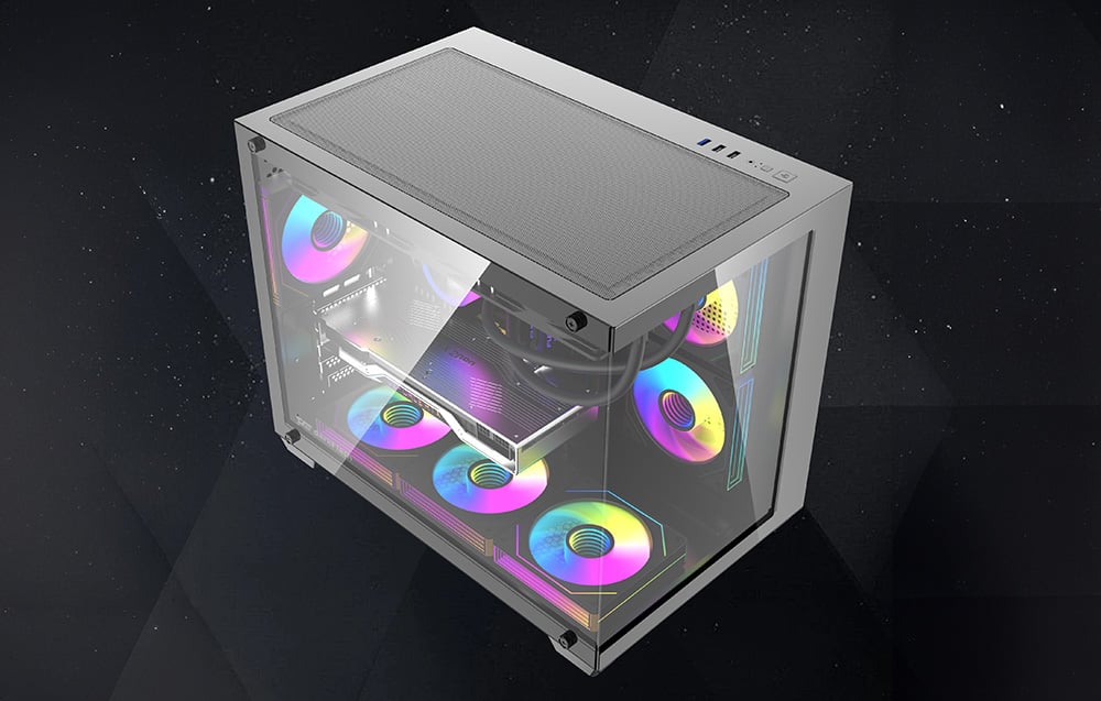 Μαύρο περίβλημα με ανεμιστήρες RGB ορατούς από πάνω σε σκούρο φόντο