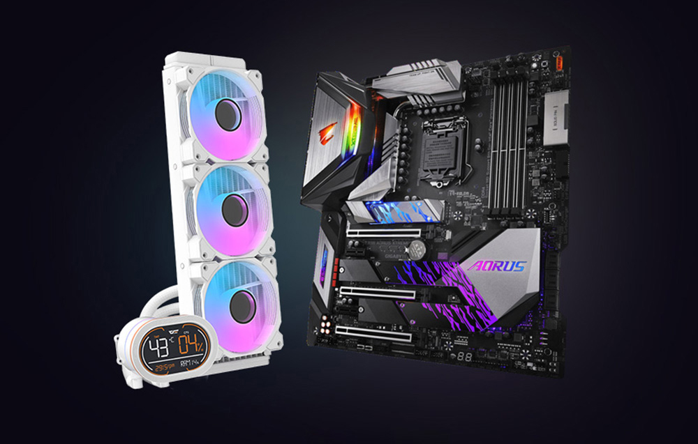 Σύστημα υδρόψυξης AIO με τρεις ανεμιστήρες RGB δίπλα σε μια μητρική πλακέτα AORUS με εγκατεστημένη ψύξη CPU