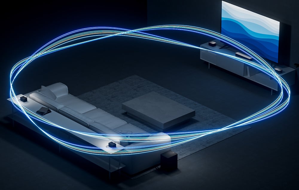 Subwoofer, soundbar και ηχεία Ultimea περιτριγυρισμένα από μπλε κύκλους στο σαλόνι