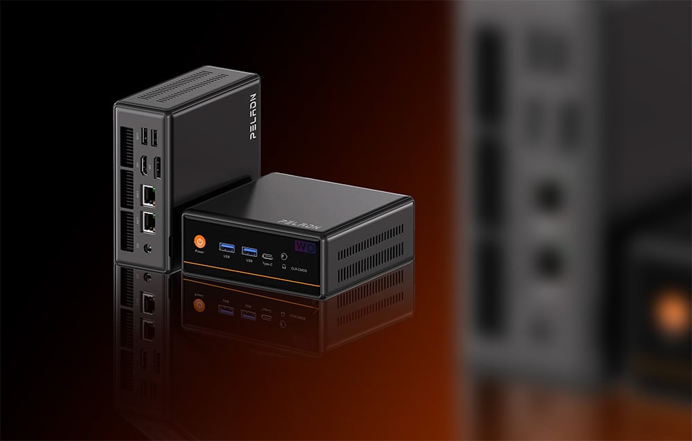 Δύο μαύροι μίνι υπολογιστές με φόντο πορτοκαλί και μαύρο χρώμα.