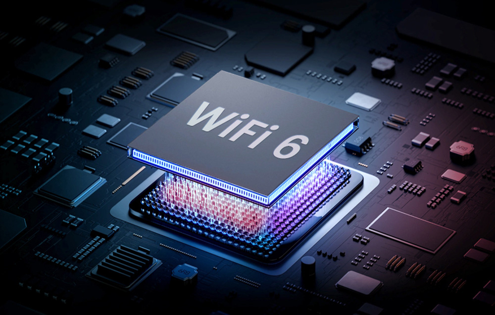 Οπτικοποίηση του τσιπ με την επιγραφή WiFi 6 στο φόντο της μητρικής πλακέτας, που συμβολίζει τη σύγχρονη συνδεσιμότητα