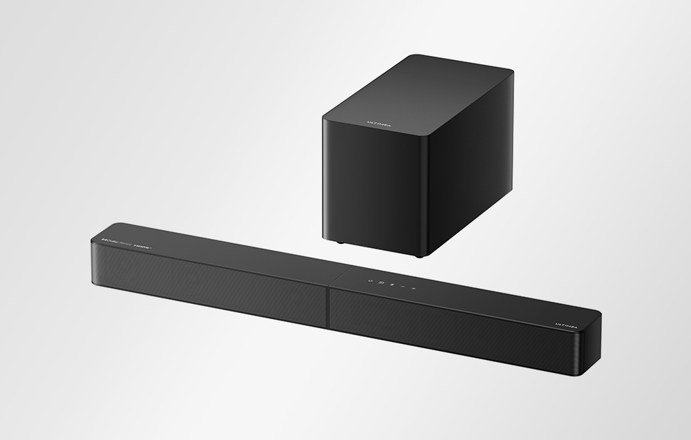 Φωτογραφία του προϊόντος Ultimea soundbar και υπογούφερ σε ανοιχτόχρωμο φόντο, που αναδεικνύει τον μινιμαλιστικό σχεδιασμό τους
